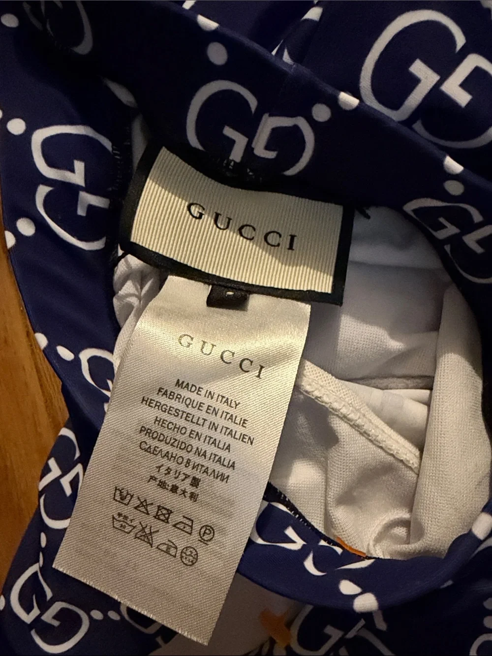 Gucci Men's Navy Blue GG-Print Swim Trunks with White Side Stripe